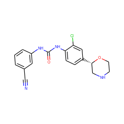 N#Cc1cccc(NC(=O)Nc2ccc([C@H]3CNCCO3)cc2Cl)c1 ZINC000149838515