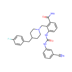 N#Cc1cccc(NC(=O)Nc2cccc(C(N)=O)c2CN2CCC(Cc3ccc(F)cc3)CC2)c1 ZINC000013475862