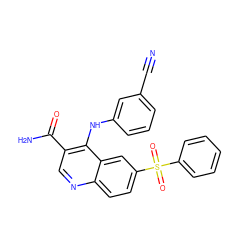 N#Cc1cccc(Nc2c(C(N)=O)cnc3ccc(S(=O)(=O)c4ccccc4)cc23)c1 ZINC000045285347