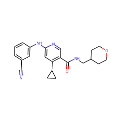 N#Cc1cccc(Nc2cc(C3CC3)c(C(=O)NCC3CCOCC3)cn2)c1 ZINC000038358454