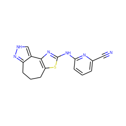 N#Cc1cccc(Nc2nc3c(s2)CCCc2n[nH]cc2-3)n1 ZINC000072116470