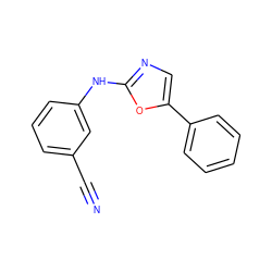 N#Cc1cccc(Nc2ncc(-c3ccccc3)o2)c1 ZINC000013611256