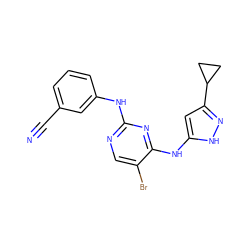 N#Cc1cccc(Nc2ncc(Br)c(Nc3cc(C4CC4)n[nH]3)n2)c1 ZINC000139685165