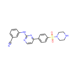 N#Cc1cccc(Nc2nccc(-c3ccc(S(=O)(=O)N4CCNCC4)cc3)n2)c1 ZINC000013588915