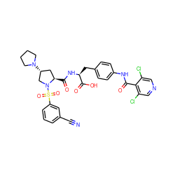 N#Cc1cccc(S(=O)(=O)N2C[C@H](N3CCCC3)C[C@H]2C(=O)N[C@@H](Cc2ccc(NC(=O)c3c(Cl)cncc3Cl)cc2)C(=O)O)c1 ZINC000049679096