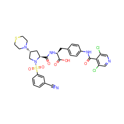 N#Cc1cccc(S(=O)(=O)N2C[C@H](N3CCSCC3)C[C@H]2C(=O)N[C@@H](Cc2ccc(NC(=O)c3c(Cl)cncc3Cl)cc2)C(=O)O)c1 ZINC000049766361