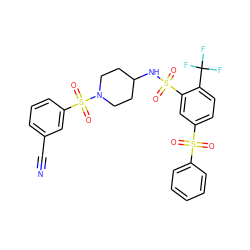 N#Cc1cccc(S(=O)(=O)N2CCC(NS(=O)(=O)c3cc(S(=O)(=O)c4ccccc4)ccc3C(F)(F)F)CC2)c1 ZINC000049757300