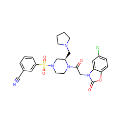 N#Cc1cccc(S(=O)(=O)N2CCN(C(=O)Cn3c(=O)oc4ccc(Cl)cc43)[C@H](CN3CCCC3)C2)c1 ZINC000049881897