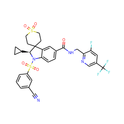 N#Cc1cccc(S(=O)(=O)N2c3ccc(C(=O)NCc4ncc(C(F)(F)F)cc4F)cc3C3(CCS(=O)(=O)CC3)[C@@H]2C2CC2)c1 ZINC000218851739