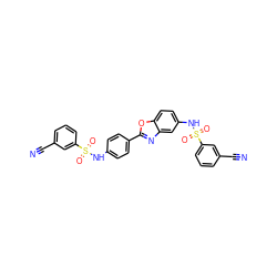 N#Cc1cccc(S(=O)(=O)Nc2ccc(-c3nc4cc(NS(=O)(=O)c5cccc(C#N)c5)ccc4o3)cc2)c1 ZINC001772649844