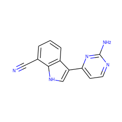 N#Cc1cccc2c(-c3ccnc(N)n3)c[nH]c12 ZINC001772587624