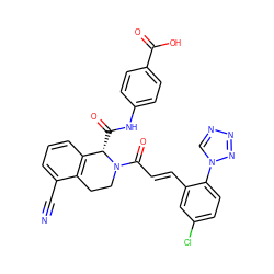 N#Cc1cccc2c1CCN(C(=O)/C=C/c1cc(Cl)ccc1-n1cnnn1)[C@H]2C(=O)Nc1ccc(C(=O)O)cc1 ZINC000148162593