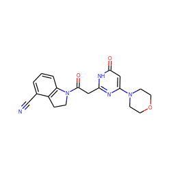 N#Cc1cccc2c1CCN2C(=O)Cc1nc(N2CCOCC2)cc(=O)[nH]1 ZINC000147076539
