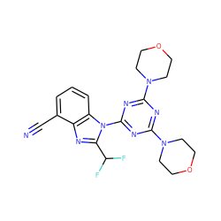 N#Cc1cccc2c1nc(C(F)F)n2-c1nc(N2CCOCC2)nc(N2CCOCC2)n1 ZINC000073141683