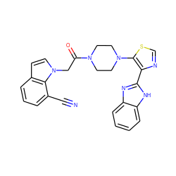 N#Cc1cccc2ccn(CC(=O)N3CCN(c4scnc4-c4nc5ccccc5[nH]4)CC3)c12 ZINC000143817396