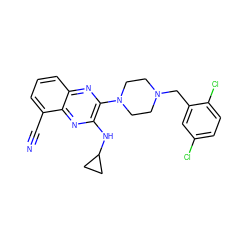 N#Cc1cccc2nc(N3CCN(Cc4cc(Cl)ccc4Cl)CC3)c(NC3CC3)nc12 ZINC000144455379