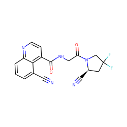 N#Cc1cccc2nccc(C(=O)NCC(=O)N3CC(F)(F)C[C@H]3C#N)c12 ZINC000169312177