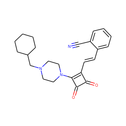 N#Cc1ccccc1/C=C/c1c(N2CCN(CC3CCCCC3)CC2)c(=O)c1=O ZINC000049775980