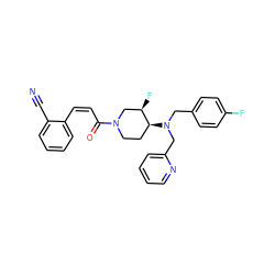 N#Cc1ccccc1/C=C\C(=O)N1CC[C@H](N(Cc2ccc(F)cc2)Cc2ccccn2)[C@H](F)C1 ZINC000049048881