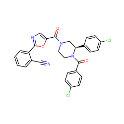 N#Cc1ccccc1-c1ncc(C(=O)N2CCN(C(=O)c3ccc(Cl)cc3)[C@H](c3ccc(Cl)cc3)C2)o1 ZINC001772574036