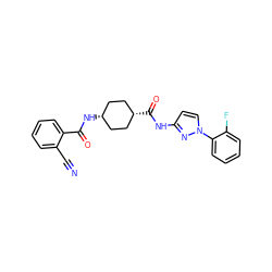 N#Cc1ccccc1C(=O)N[C@H]1CC[C@@H](C(=O)Nc2ccn(-c3ccccc3F)n2)CC1 ZINC000261175820