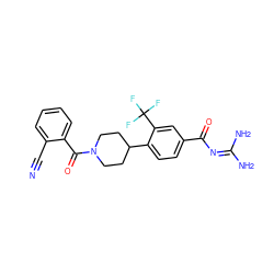 N#Cc1ccccc1C(=O)N1CCC(c2ccc(C(=O)N=C(N)N)cc2C(F)(F)F)CC1 ZINC000095556721