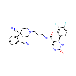 N#Cc1ccccc1C1(C#N)CCN(CCCNC(=O)C2=CNC(=O)N[C@@H]2c2ccc(F)c(F)c2)CC1 ZINC000013809192