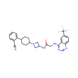 N#Cc1ccccc1C1CCC(N2CC(NC(=O)CNc3ncnc4ccc(C(F)(F)F)cc34)C2)CC1 ZINC000095596964