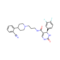 N#Cc1ccccc1C1CCN(CCCNC(=O)C2=CNC(=O)N[C@@H]2c2ccc(F)c(F)c2)CC1 ZINC000013809161