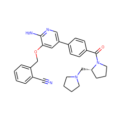 N#Cc1ccccc1COc1cc(-c2ccc(C(=O)N3CCC[C@@H]3CN3CCCC3)cc2)cnc1N ZINC000072180076