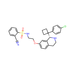 N#Cc1ccccc1S(=O)(=O)NCCOc1ccc2c(c1)[C@H](C1(c3ccc(Cl)cc3)CCC1)NCC2 ZINC000114979911