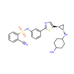 N#Cc1ccccc1S(=O)(=O)Nc1cccc(-c2ncc([C@H]3C[C@@H]3NC3CCC(N)CC3)s2)c1 ZINC000149708946