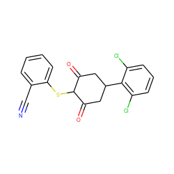 N#Cc1ccccc1SC1C(=O)CC(c2c(Cl)cccc2Cl)CC1=O ZINC000299824134