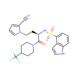 N#Cc1cccn1CC[C@@H](NS(=O)(=O)c1cccc2[nH]ccc12)C(=O)N1CCC(C(F)(F)F)CC1 ZINC000115829039