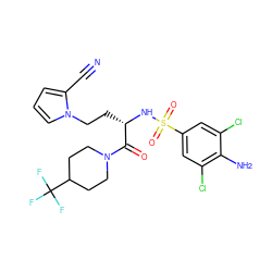 N#Cc1cccn1CC[C@H](NS(=O)(=O)c1cc(Cl)c(N)c(Cl)c1)C(=O)N1CCC(C(F)(F)F)CC1 ZINC000115167932