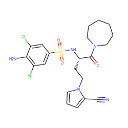 N#Cc1cccn1CC[C@H](NS(=O)(=O)c1cc(Cl)c(N)c(Cl)c1)C(=O)N1CCCCCC1 ZINC000115828560