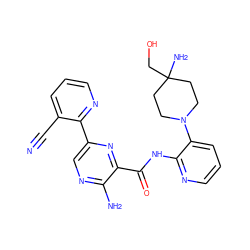 N#Cc1cccnc1-c1cnc(N)c(C(=O)Nc2ncccc2N2CCC(N)(CO)CC2)n1 ZINC001772603278