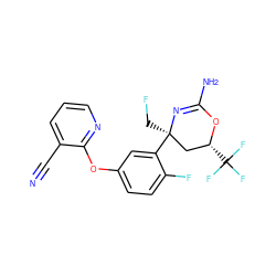 N#Cc1cccnc1Oc1ccc(F)c([C@]2(CF)C[C@@H](C(F)(F)F)OC(N)=N2)c1 ZINC000223560701