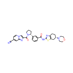 N#Cc1ccn2cc(C(=O)N3CCC[C@@H]3c3cccc(C(=O)Nc4nc5c(s4)C[C@@H](N4CCOCC4)CC5)c3)nc2c1 ZINC000141658302