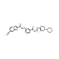 N#Cc1ccn2cc(C(=O)NCc3cccc(C(=O)Nc4nc5c(s4)C[C@@H](N4CCOCC4)CC5)c3)nc2c1 ZINC000167967105