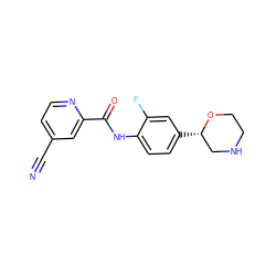 N#Cc1ccnc(C(=O)Nc2ccc([C@H]3CNCCO3)cc2F)c1 ZINC000149861810