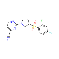 N#Cc1ccnc(N2CC[C@H](S(=O)(=O)c3ccc(F)cc3Cl)C2)n1 ZINC000168370419