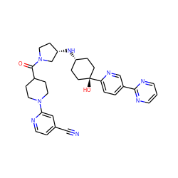 N#Cc1ccnc(N2CCC(C(=O)N3CC[C@H](N[C@H]4CC[C@@](O)(c5ccc(-c6ncccn6)cn5)CC4)C3)CC2)c1 ZINC000261114391