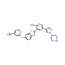 N#Cc1ccnc(Oc2ccc3nc(-c4cc(-c5cnn(C6CCNCC6)c5)cnc4N)oc3c2)c1 ZINC000103248531