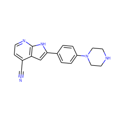 N#Cc1ccnc2[nH]c(-c3ccc(N4CCNCC4)cc3)cc12 ZINC001772619320