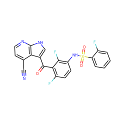 N#Cc1ccnc2[nH]cc(C(=O)c3c(F)ccc(NS(=O)(=O)c4ccccc4F)c3F)c12 ZINC000113508393