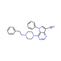 N#Cc1cn(-c2ccccc2)c2c(N3CCN(CCc4ccccc4)CC3)ncnc12 ZINC000653895412