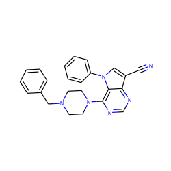 N#Cc1cn(-c2ccccc2)c2c(N3CCN(Cc4ccccc4)CC3)ncnc12 ZINC000653895433