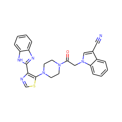 N#Cc1cn(CC(=O)N2CCN(c3scnc3-c3nc4ccccc4[nH]3)CC2)c2ccccc12 ZINC000143757527