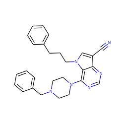 N#Cc1cn(CCCc2ccccc2)c2c(N3CCN(Cc4ccccc4)CC3)ncnc12 ZINC000653884664